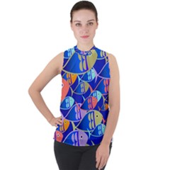 Sea Fish Illustrations Mock Neck Chiffon Sleeveless Top