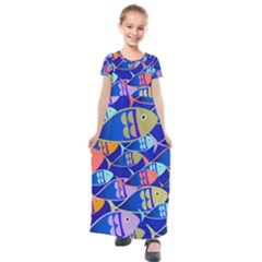 Sea Fish Illustrations Kids  Short Sleeve Maxi Dress