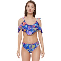 Sea Fish Illustrations Ruffle Edge Tie Up Bikini Set	