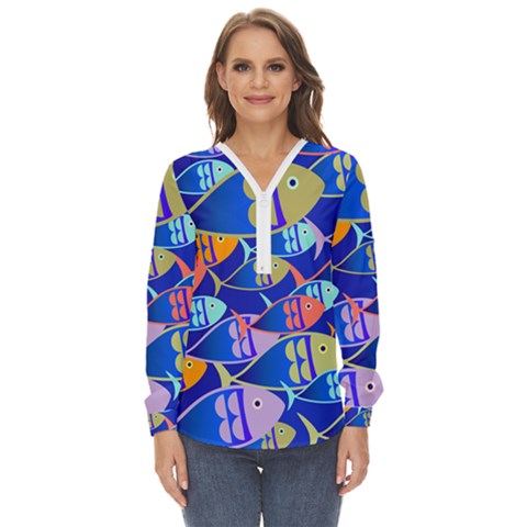 Sea Fish Illustrations Zip Up Long Sleeve Blouse by Mariart