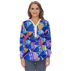 Sea Fish Illustrations Zip Up Long Sleeve Blouse