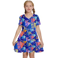 Sea Fish Illustrations Kids  Short Sleeve Tiered Mini Dress