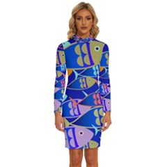 Sea Fish Illustrations Long Sleeve Shirt Collar Bodycon Dress