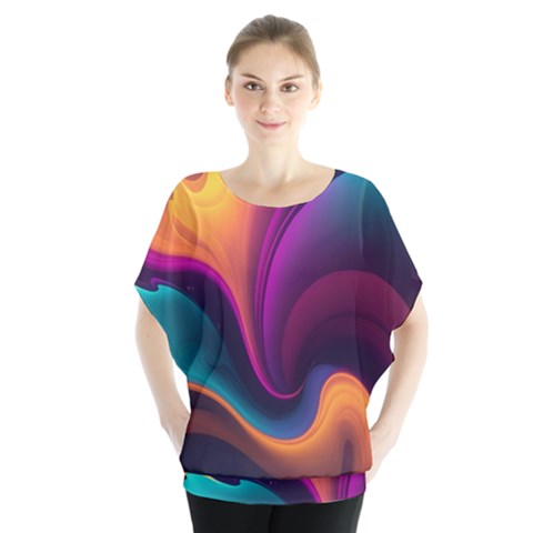 Abstract Colorful Waves Painting Batwing Chiffon Blouse by Simbadda