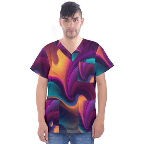 Abstract Colorful Waves Painting Men s V-neck Scrub Top by Simbadda