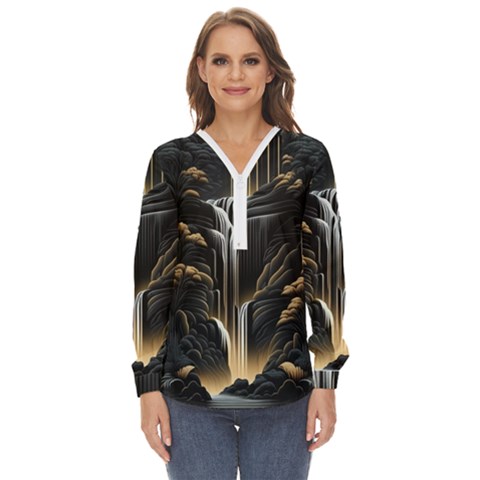 Waterfall Water Nature Springs Zip Up Long Sleeve Blouse by Simbadda