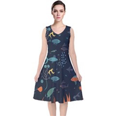 Underwater Ocean Animals Sea V-neck Midi Sleeveless Dress  by Simbadda