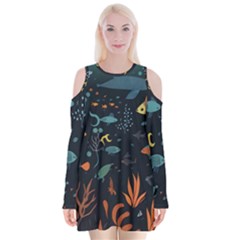 Underwater Ocean Animals Sea Velvet Long Sleeve Shoulder Cutout Dress by Simbadda