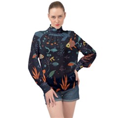 Underwater Ocean Animals Sea High Neck Long Sleeve Chiffon Top by Simbadda