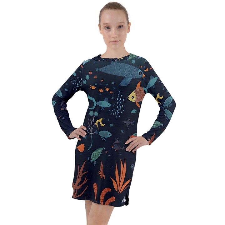 Underwater Ocean Animals Sea Long Sleeve Hoodie Dress