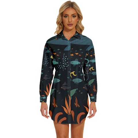 Underwater Ocean Animals Sea Womens Long Sleeve Shirt Dress by Simbadda