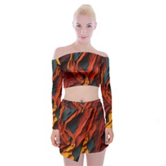 Abstract Colorful Waves Painting Art Off Shoulder Top With Mini Skirt Set by Simbadda