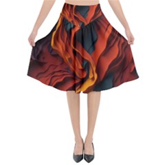 Abstract Colorful Waves Painting Art Flared Midi Skirt by Simbadda