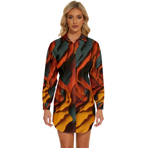 Abstract Colorful Waves Painting Art Womens Long Sleeve Shirt Dress by Simbadda