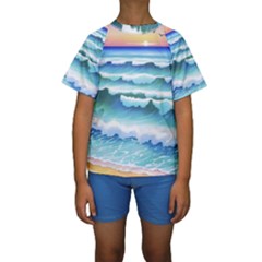 Ocean Sea Waves Beach Kids  Short Sleeve Swimwear