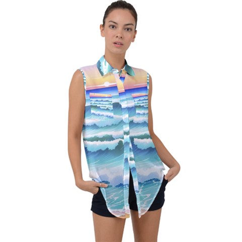 Ocean Sea Waves Beach Sleeveless Chiffon Button Shirt by Simbadda