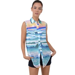 Ocean Sea Waves Beach Sleeveless Chiffon Button Shirt