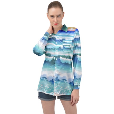 Ocean Sea Waves Beach Long Sleeve Satin Shirt by Simbadda