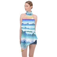 Ocean Sea Waves Beach Halter Asymmetric Satin Top by Simbadda