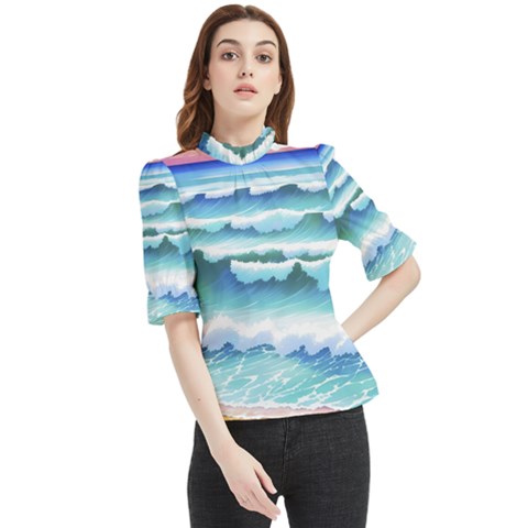 Ocean Sea Waves Beach Frill Neck Blouse by Simbadda