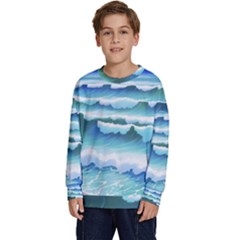 Ocean Sea Waves Beach Kids  Crewneck Sweatshirt by Simbadda