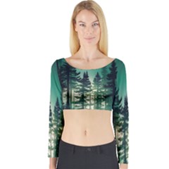 Magic Pine Forest Night Landscape Long Sleeve Crop Top by Simbadda