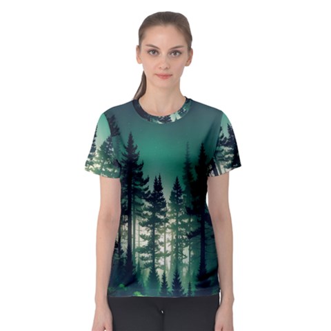 Magic Pine Forest Night Landscape Women s Sport Mesh Tee by Simbadda