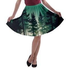 Magic Pine Forest Night Landscape A-line Skater Skirt by Simbadda