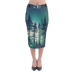 Magic Pine Forest Night Landscape Velvet Midi Pencil Skirt by Simbadda