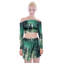 Magic Pine Forest Night Landscape Off Shoulder Top With Mini Skirt Set by Simbadda