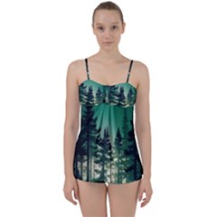 Magic Pine Forest Night Landscape Babydoll Tankini Set by Simbadda