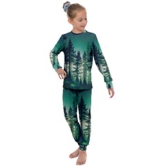 Magic Pine Forest Night Landscape Kids  Long Sleeve Set  by Simbadda