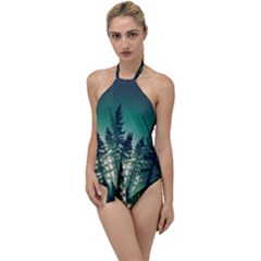 Magic Pine Forest Night Landscape Go With The Flow One Piece Swimsuit by Simbadda