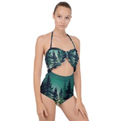 Magic Pine Forest Night Landscape Scallop Top Cut Out Swimsuit by Simbadda