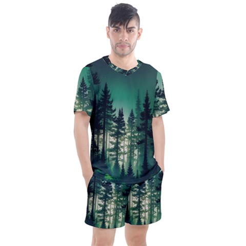 Magic Pine Forest Night Landscape Men s Mesh Tee And Shorts Set by Simbadda