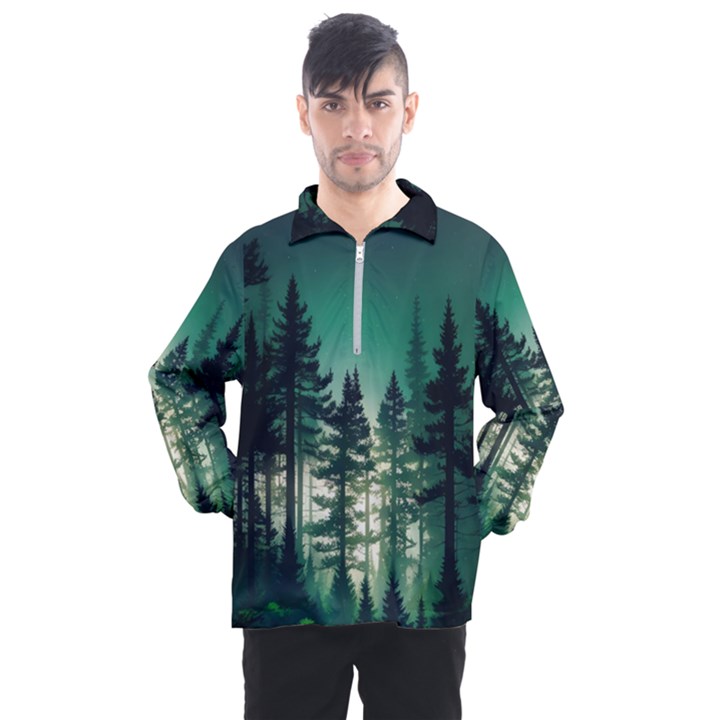 Magic Pine Forest Night Landscape Men s Half Zip Pullover