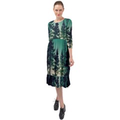 Magic Pine Forest Night Landscape Ruffle End Midi Chiffon Dress by Simbadda