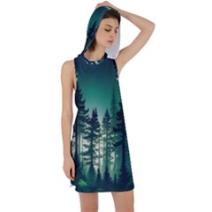 Magic Pine Forest Night Landscape Racer Back Hoodie Dress by Simbadda