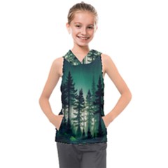 Magic Pine Forest Night Landscape Kids  Sleeveless Hoodie by Simbadda