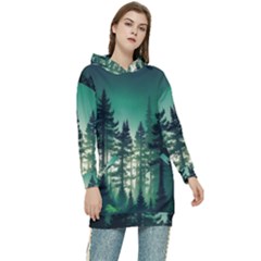 Magic Pine Forest Night Landscape Women s Long Oversized Pullover Hoodie by Simbadda