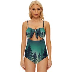 Magic Pine Forest Night Landscape Knot Front One-piece Swimsuit by Simbadda