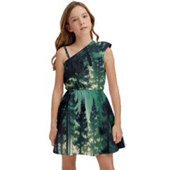 Magic Pine Forest Night Landscape Kids  One Shoulder Party Dress by Simbadda