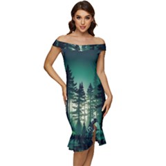 Magic Pine Forest Night Landscape Off Shoulder Ruffle Split Hem Bodycon Dress