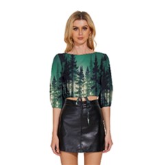 Magic Pine Forest Night Landscape Mid Sleeve Drawstring Hem Top by Simbadda