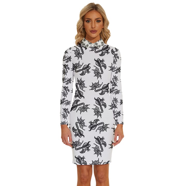 Alien creatures dance pattern Long Sleeve Shirt Collar Bodycon Dress