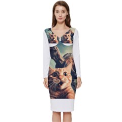 Crazy Cat Selfie Run Time Travel Can Be Dangerous Cat Love Long Sleeve V-neck Bodycon Dress  by shoopshirt