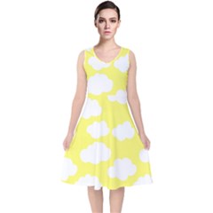 Cute Yellow White Clouds V-neck Midi Sleeveless Dress  by ConteMonfrey