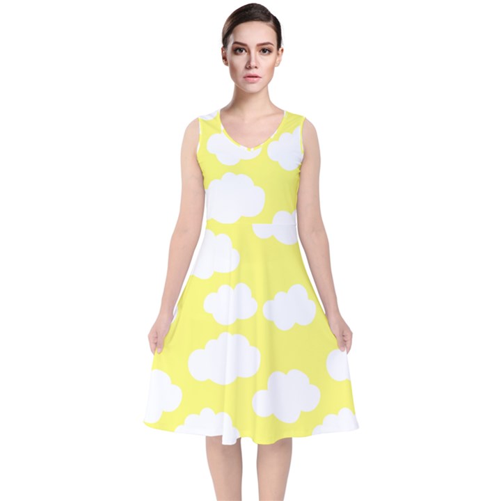 Cute yellow white Clouds V-Neck Midi Sleeveless Dress 