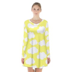 Cute Yellow White Clouds Long Sleeve Velvet V-neck Dress