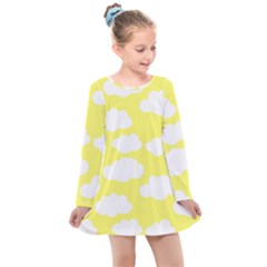 Cute Yellow White Clouds Kids  Long Sleeve Dress by ConteMonfrey